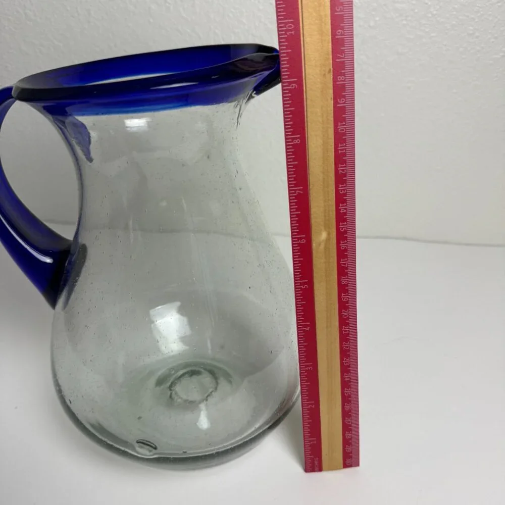 Vintage Hand Blown Cobalt Blue Rim Handle Glass Pitcher